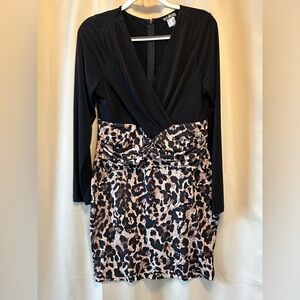VENUS Black & Leopard-Print Long Sleeve Wrap Dress